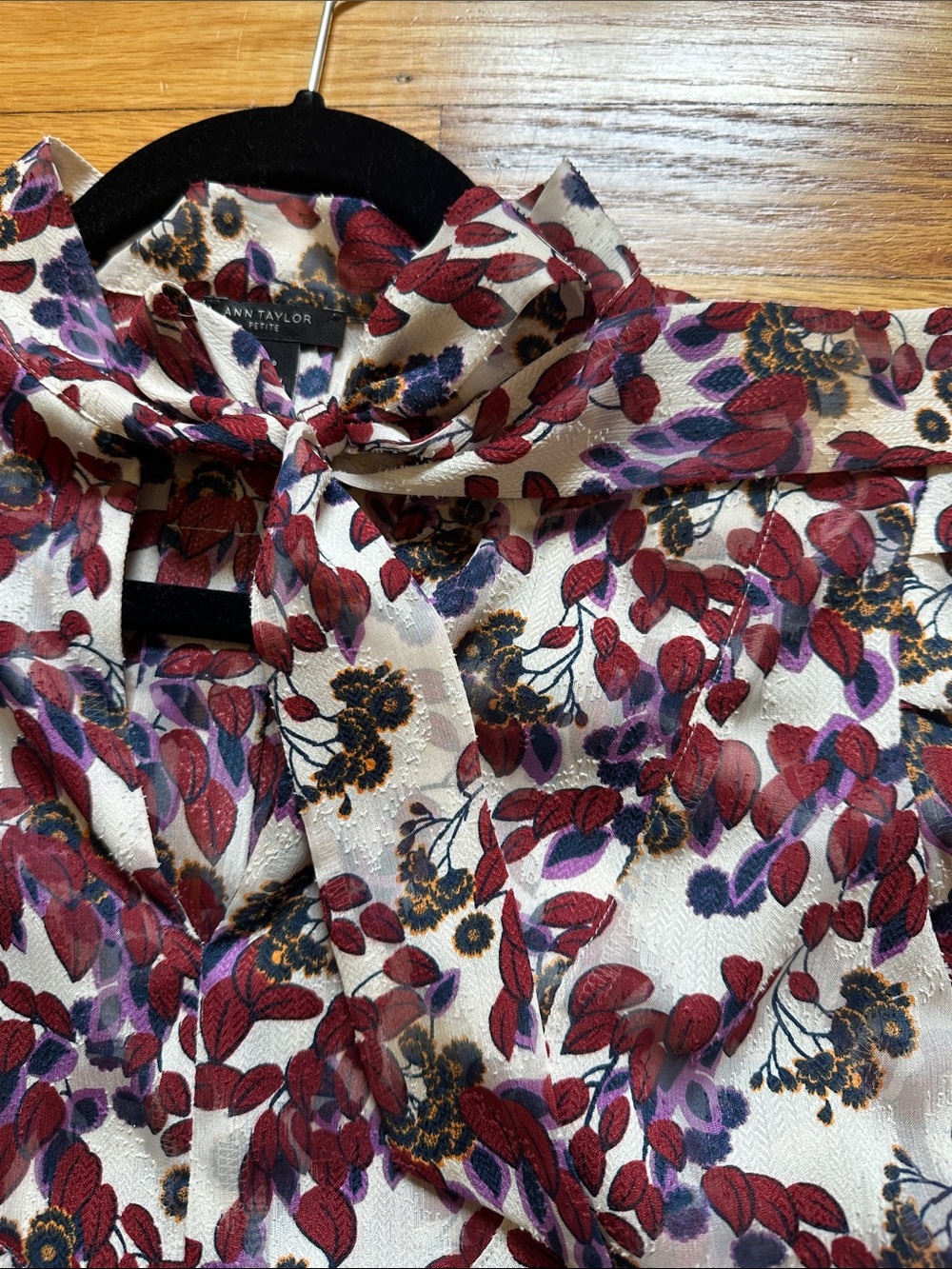 Ann Taylor Cream Blouse with Maroon and Purple Leaf Print and Neck Tie - Picture 2 of 13